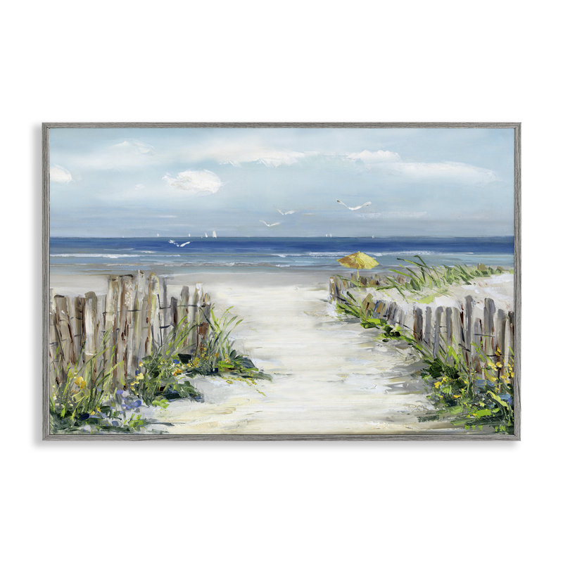 Sunlit Dune Path To Ocean, estampe numérique, conception de Sally Swatland, H 12 po x l 18 po, Giclée de ferme grise encadrée