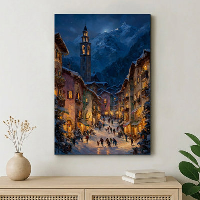 «Alpine Village Night Street Church», reproduction d'art sur toile, H 36 po x l 24 po