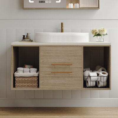 Modern 39.4 Wall-Mounted Bathroom Vanity with Oval Ceramic Sink Floating Vanity Multi-Layer Solid Wood Cabinet Soft-Close Drawers Open Shelf Storage