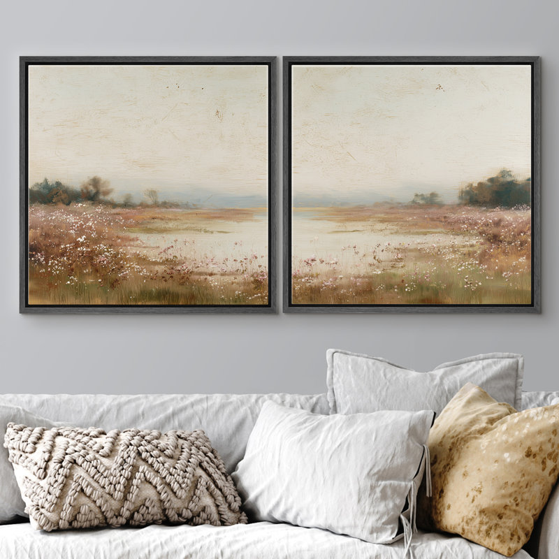 Pastel Countryside Meadow Farm Field Landscape Framed Master Bedroom Wall Art Work 2 Pieces Print, 24" H x 24" W