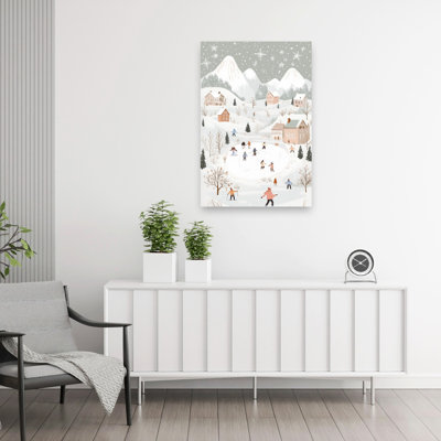 Winter Village Wonderland Abstract Contemporary Landscape Mountain Wall Art Print by Mathieu - Wrapped Canvas Print