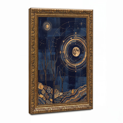 Gold Moon Orbit And Constellation Map Over Blue Night Sky Canvas Wall Art