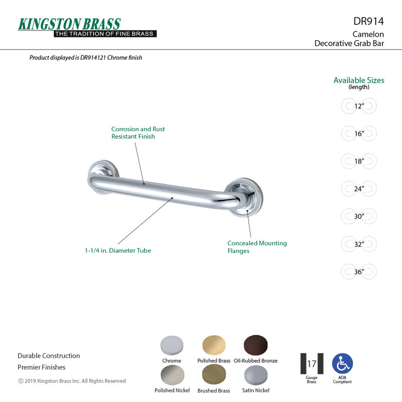 Kingston Brass Camelon 1-1/4 Inch O.D Grab Bar, 24" W, Satin Brass