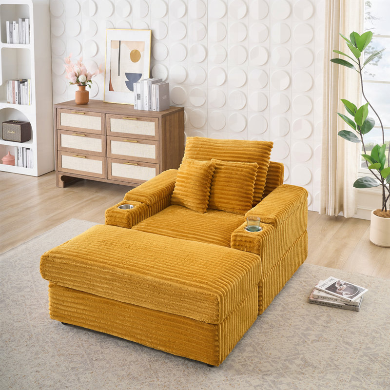 Fauteuil club rembourré en tissu Corduroy, fauteuil simple avec repose-pieds et porte-gobelet, Orange