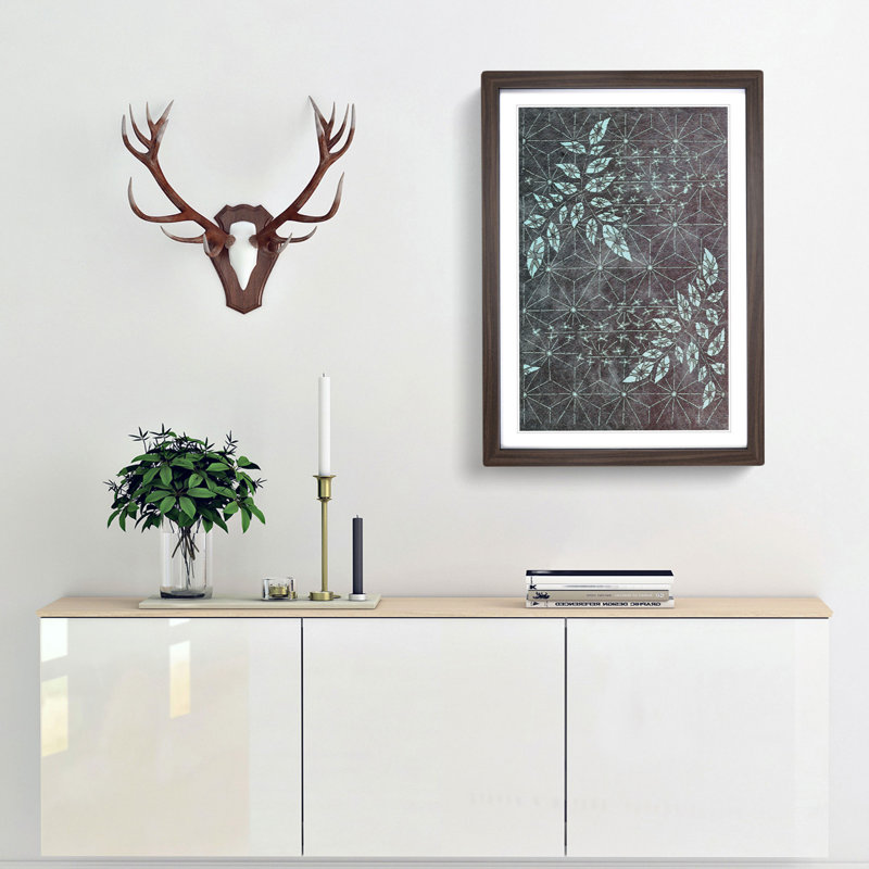 Japanese Geometric Leaf Design - Picture Frame Graphic Art Print, 36cm H x 27cm W x 2cm D, Walnut Framed