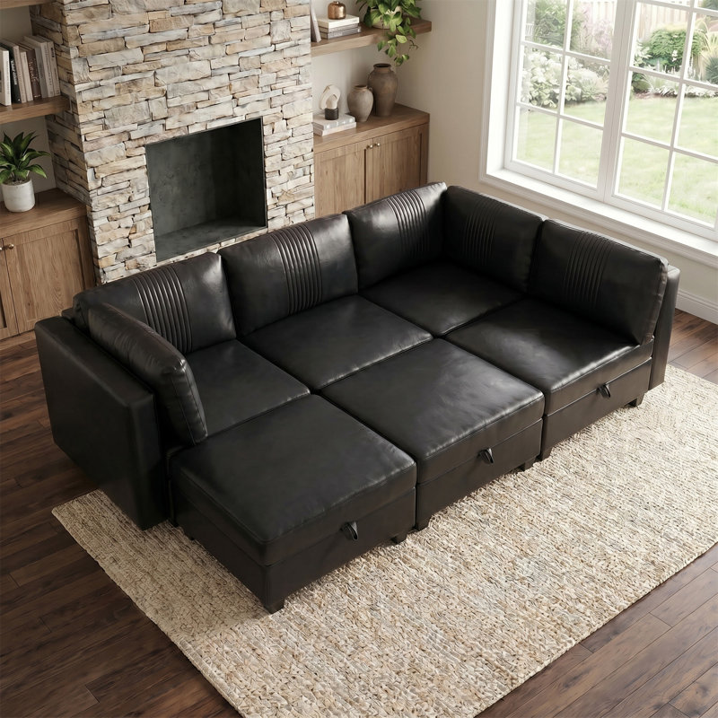 Canapé modulaire flexible en polyuréthane, Black Faux Leather, 35.43" H x 99.21" W x 70" D