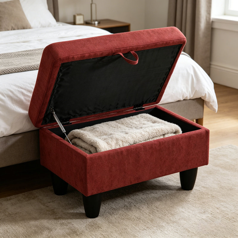 Banc de rangement avec repose-pieds 28,5 po en faux suède à losange capitonné, banc à chaussures pour l'entrée, banc de bout de lit pour le salon de la chambre à coucher, salon, rouge