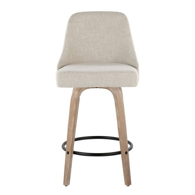 Tabouret de comptoir de 27 po à hauteur fixe avec pivot en bois blanchi et tissu crème avec garniture cloutée en laiton et repose-pieds rond en métal noir - ensemble de 2