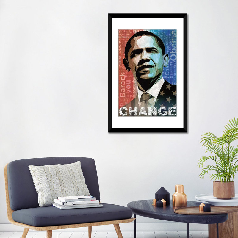 « obama : change », reproduction d’impression sur toile, H 32 po x l 24 po x P 1 po, Papier d'art encadré noir, Blanc