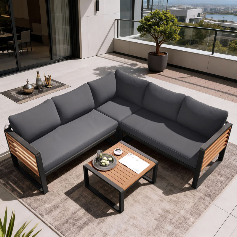 Abdel 4 Pieces Patio Conversation Sets with Cushions,L-shaped Sofa for Garden, Gray