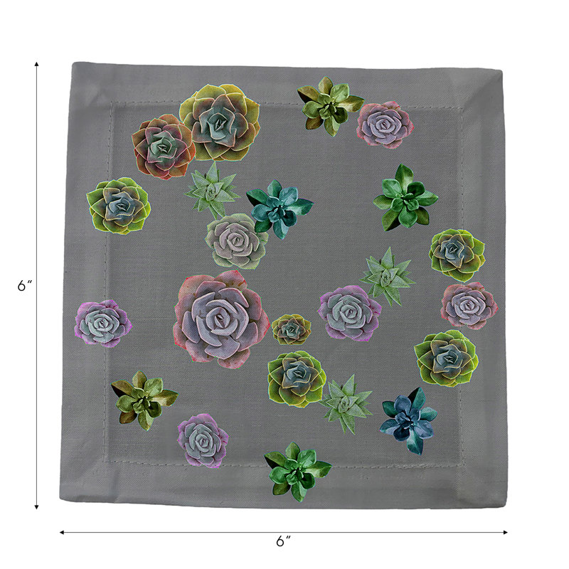Succulents Floating Cotton Sateen Cocktail Napkins, Gray