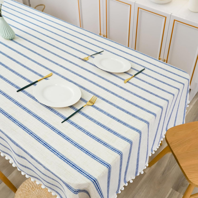 Farmhouse Striped Tablecloths Wrinkle Resistant with Pom Pom Tassel Fall Holiday tablecloths, 102" x 54", Navy