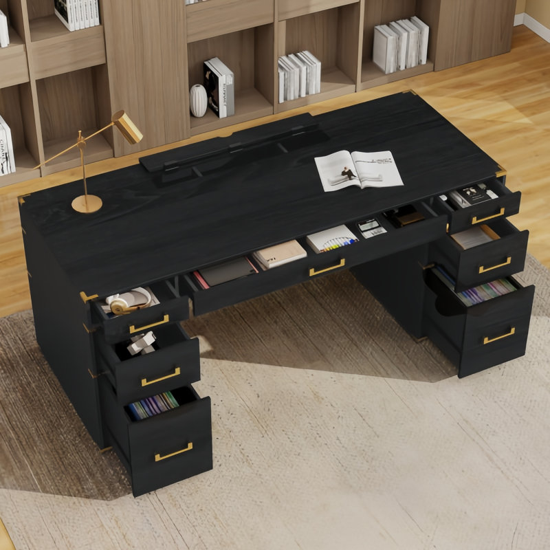 Bureau 70 po avec ports et prises USB, bureau d'écriture traditionnel avec 2 tiroirs classeurs et compartiment caché pour le bureau personnel, bureau