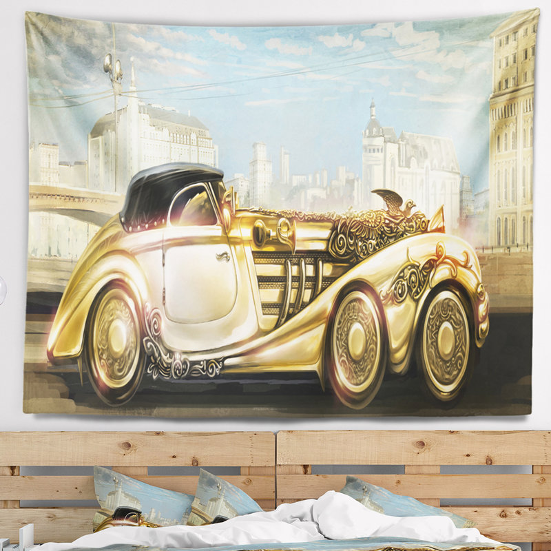 Tapisserie de machine d'or futuriste abstraite, H 68 po x l 80 po
