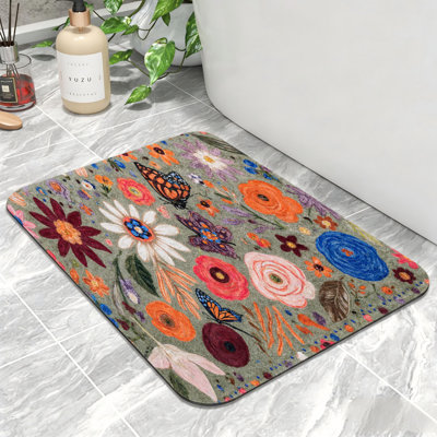 Wildflower Butterfly Garden Bath Mat, 20L x 32W, Non-Slip, for Bathroom and Gym