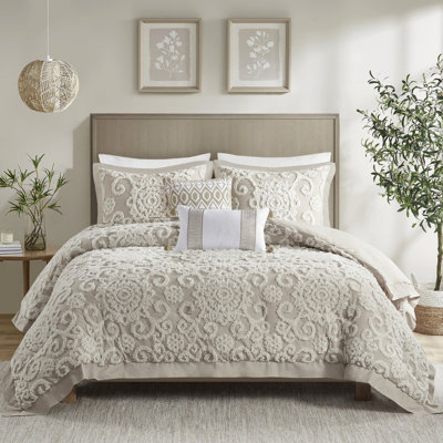 Édredon très grand taupe, 100% coton avec broderie en chenille séduisante et 2 taies décoratives de couleur taupe, artistique