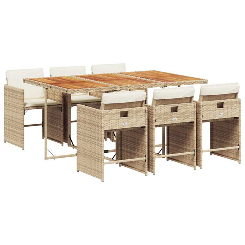 Patio Dining Set Table,, 73cm H x 165cm W x 106cm D, Cream White Cushion/Beige Frame, 6