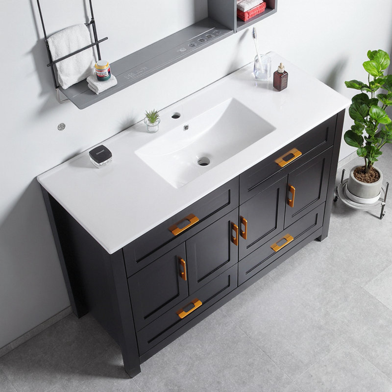 Ensemble de meuble-lavabo noir 48 po avec lavabo en céramique, portes et tiroirs à fermeture en douceur, armoire de rangement abondante