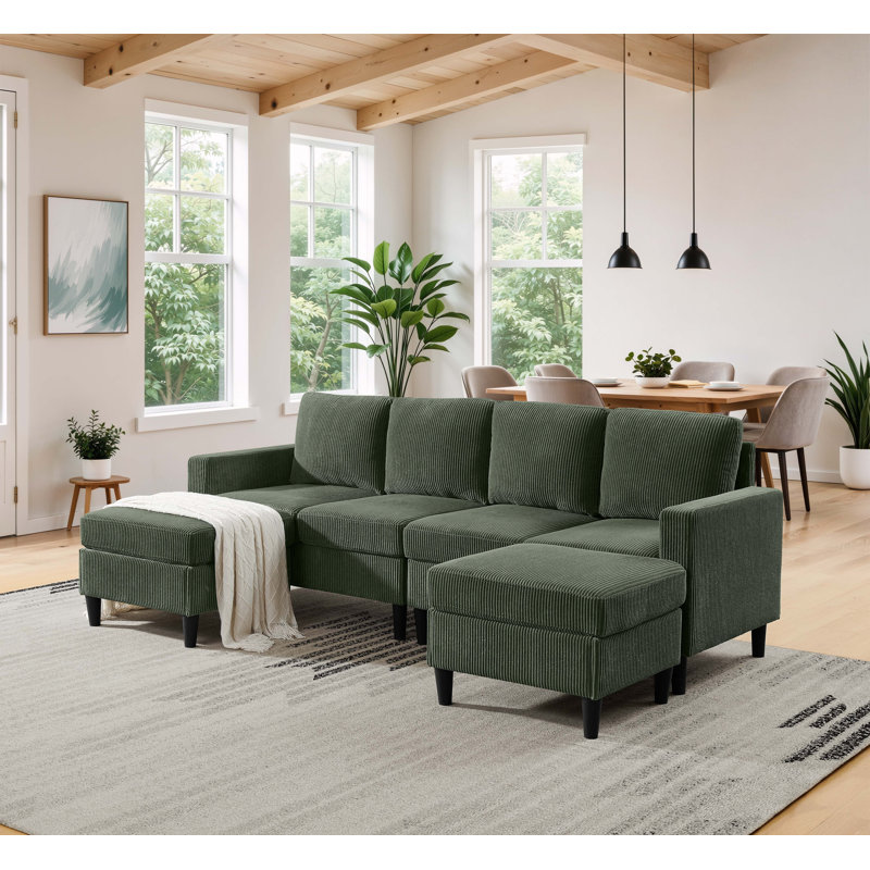 Ranjeeta 101" Wide Modular Sofa with Ottoman, Hunter Green Corduroy