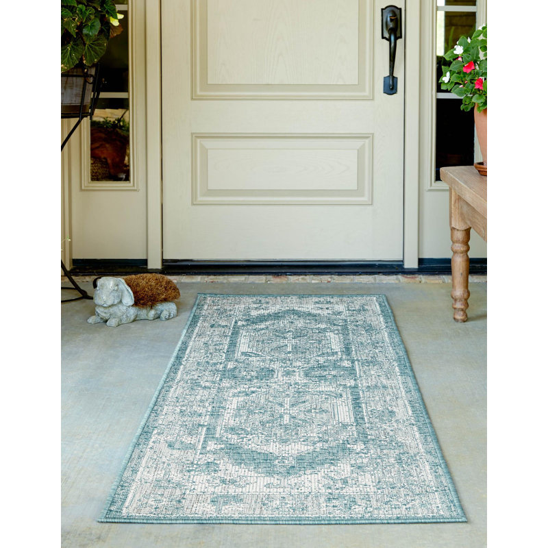 Tapis intérieur / extérieur en polypropylène tissé à la machine oriental bleu / gris, Tapis de couloir 2 pi 7 po x 12 pi