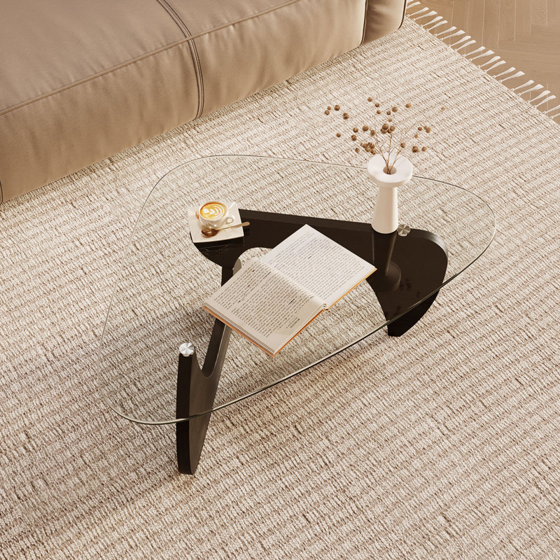 Table basse triangulaire en bois naturel avec plateau en verre trempé de 42,5 po x 28,5 po x 16,1 po pour le salon / la chambre à coucher / le bureau