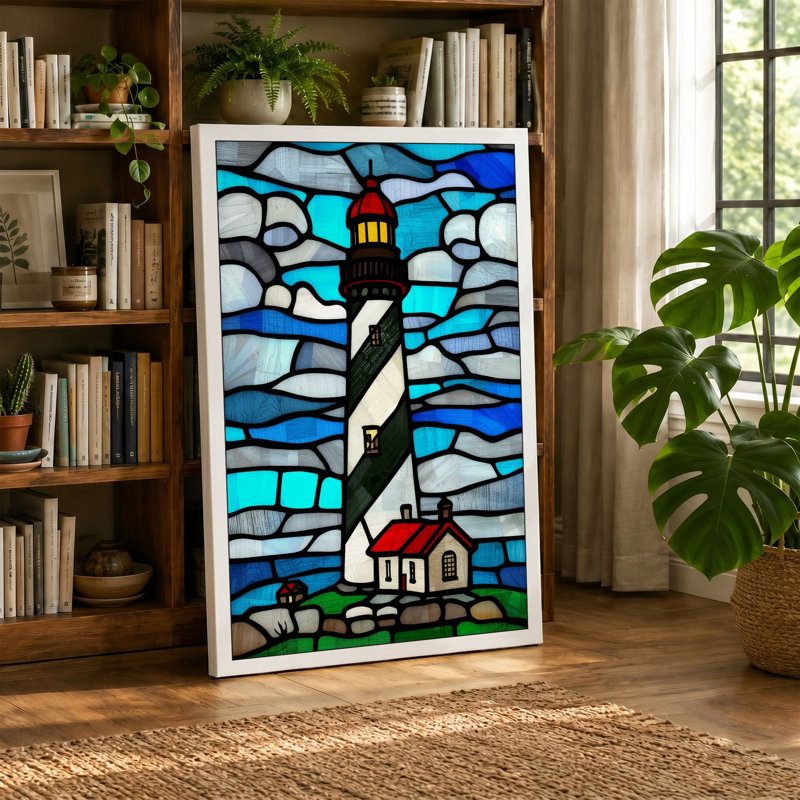 Stained Glass Lighthouse Coastal - Wrapped Canvas, 18x12 - 45.7 x 30.5 cm, Sage Border