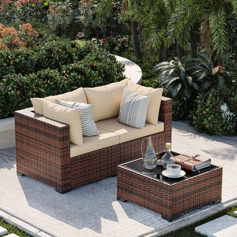 2-Person Outdoor Seating Group With Coffee Table, Beige