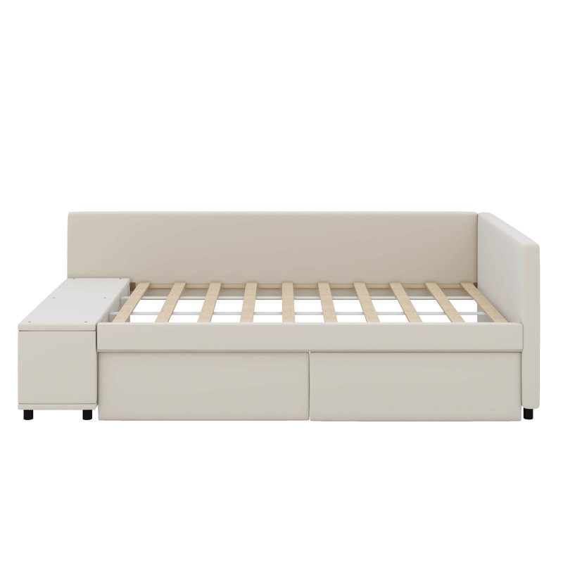 L-Shaped Upholstered Twin Platform Bed With Built-In Drawers, Beige
