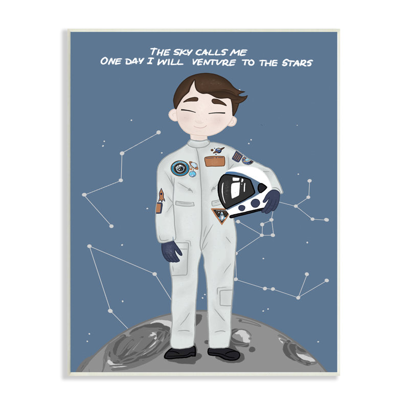 «One Day Venture To Stars Boy Astronaut Moon» par - Impression, H 19 po x l 13 po x P 0,5 po, Plaque murale
