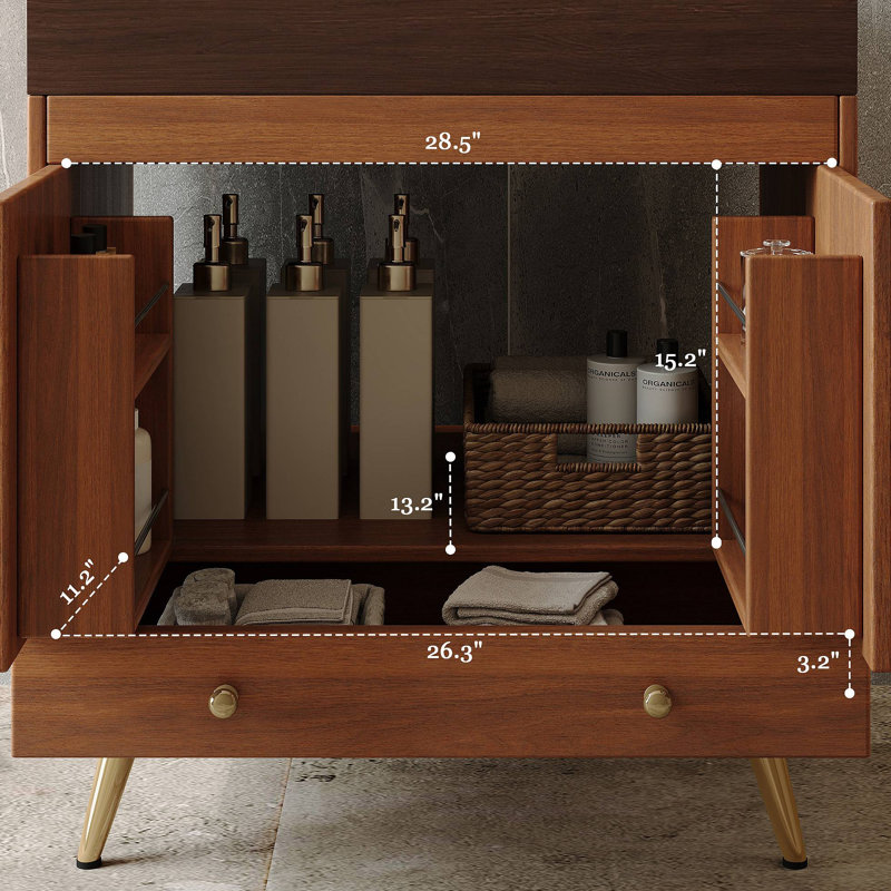 Meuble-lavabo autoportant de style Mid-Century avec comptoir en faux marbre et lavabo en céramique, armoire de rangement à double porte, bois d'ingénierie imperméable, pieds dorés