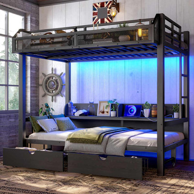 Multifunctional Twin Over Twin Metal Bunk Beds With USB Ports And LED Lights, Lower Bed That Can Be Converted Into A Sofa
