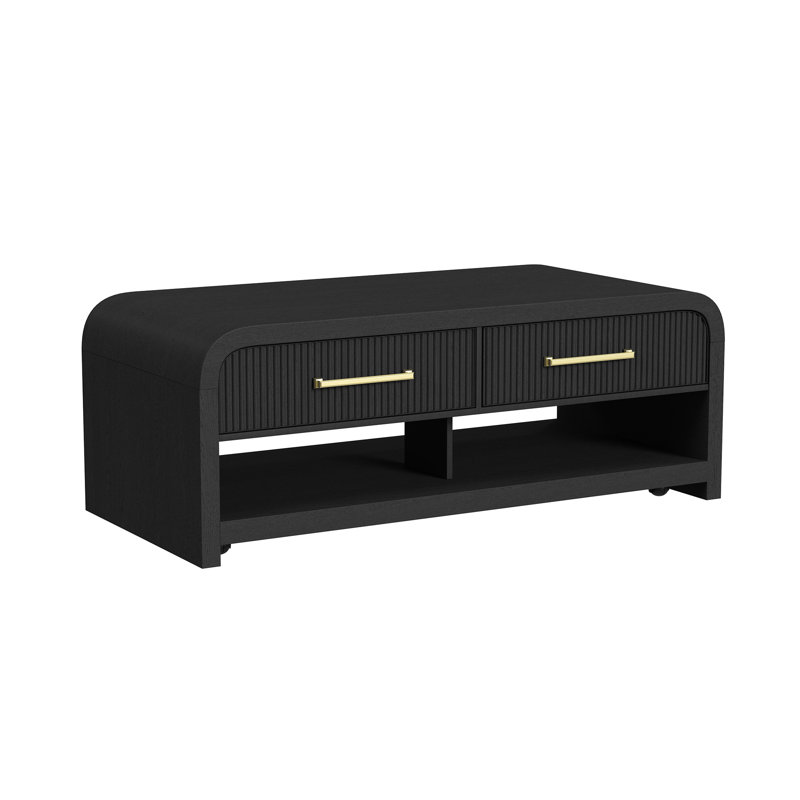 Palaiseur Coffee Table with Casters/Push Through Drawer in Black with Grain