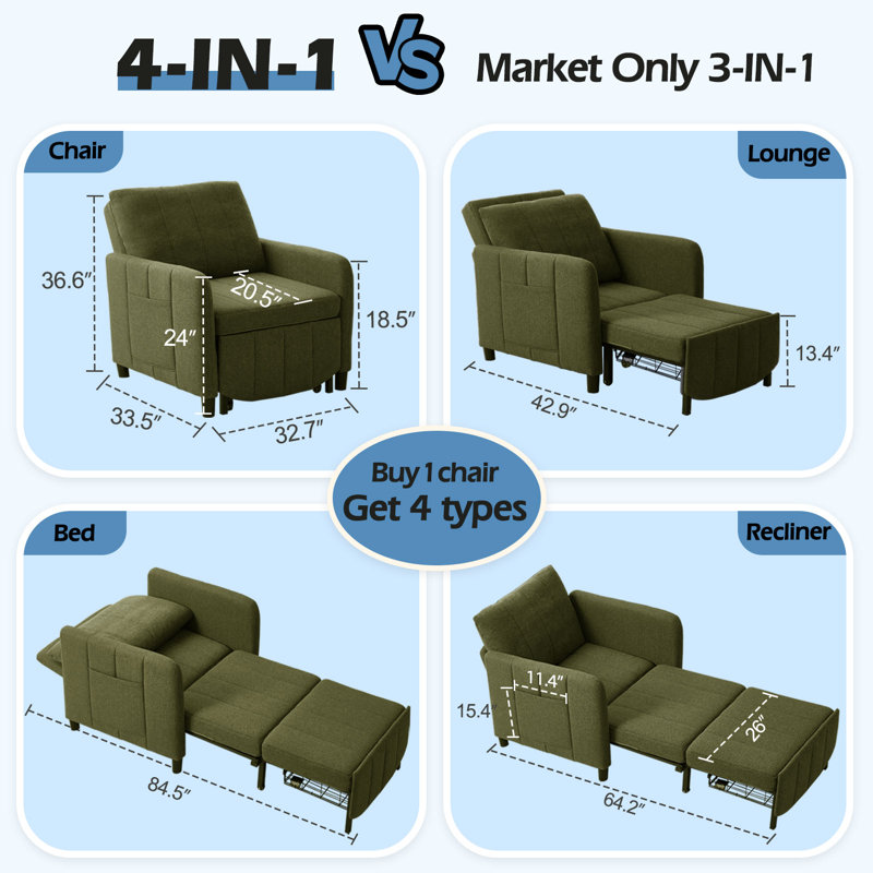 4-in-1 Sleeper Chair Bed For Small Room, Deep Green Linen