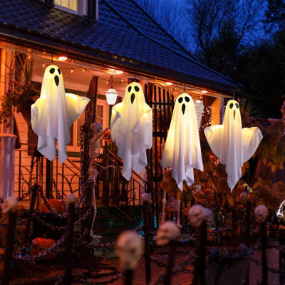 4 Pack Halloween Hanging Ghost Decorations, Battery Operated -AA Battery Not Included, Warm Light Glowing Flying Ghosts, Cute Hanging Ghost Ornaments for Indoor Outdoor Porch Yard Tree Halloween Party Holiday Decor