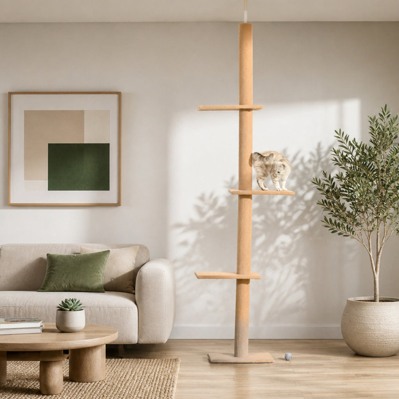 Arbre à chat PawHut réglable du sol au plafond avec poteaux à griffer en sisal et plateformes moelleuses pour un confort et un jeu optimaux pour votre chat.