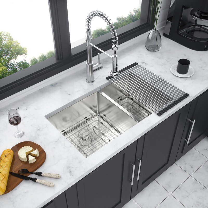 16 Gauge Stainless Steel 32x18 inch Undermount Double Bowl Kitchen Sink (60/40) with 9 Inch Deep Sink