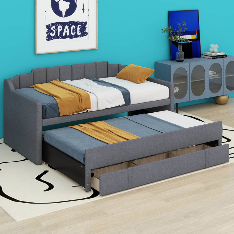 Karel Twin Size Upholstered Daybed with Trundle, Gray