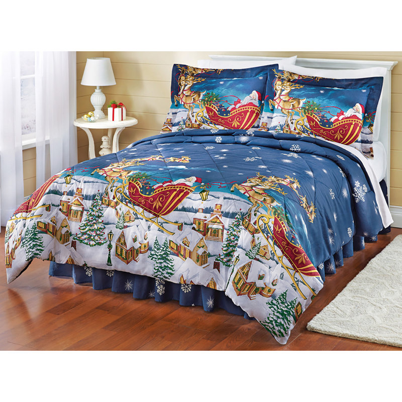 Twin Reversible White and Blue Cotton Holiday Comforter Set