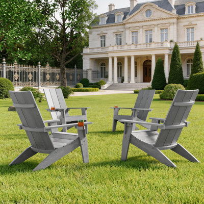 Aurra Set of 4 Modern All Weather Outdoor HIPS Plastic Adirondack Chairs with Cup Holder Oversize Fire pit Chairs