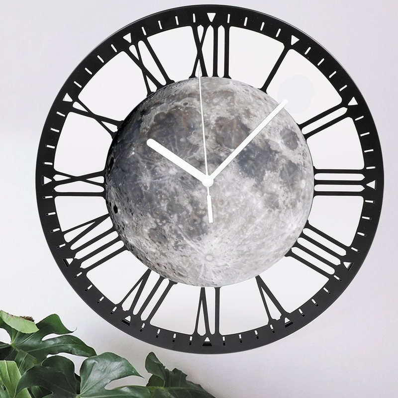 Horloge murale ronde en fer 10 po avec mouvement à quartz silencieux, chiffres romains, impression UV, Nouvelle lune