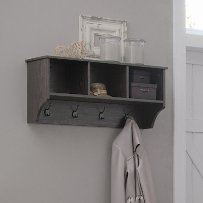 RiverRidge Woodbury Entryway Wall Coat Rack Storage with Hooks and Open Cubby Shelves for Hallway - Weathered Woodgrain