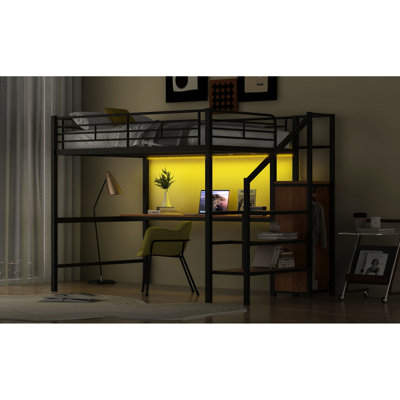 Black Full Size Metal Loft Bed With Built - In Desk, Storage Staircase, Wardrobe And Lighting, Saving Bedroom Wall Space Floor