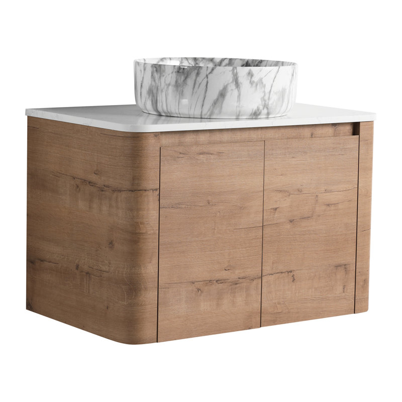 Meuble-lavabo moderne de 30 po avec fonction murale, lavabo vasque en céramique et dalle de pierre blanche. Utilisation silencieuse, facile à installer et à entretenir