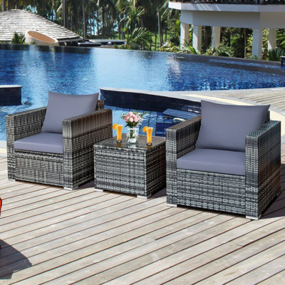 3 Pieces Outdoor Patio Furniture Set Rattan Conversation Sofa Set With Cushions