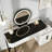 Modern Vanity Table with Tempered Glass Top, Adjustable Height Legs, Multi-functional Storage Cabinet and Round Mirror