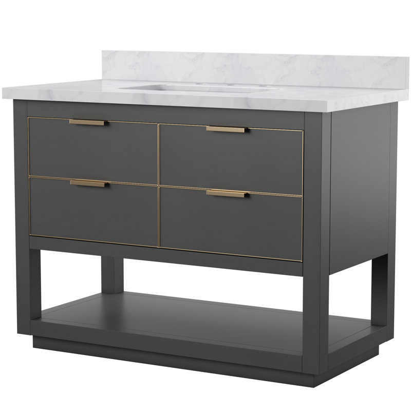 Meuble-lavabo simple 42 po avec plateau en marbre de Carrare Allie, Gris crépuscule, L 42 po, Marbre blanc de Carrare / or