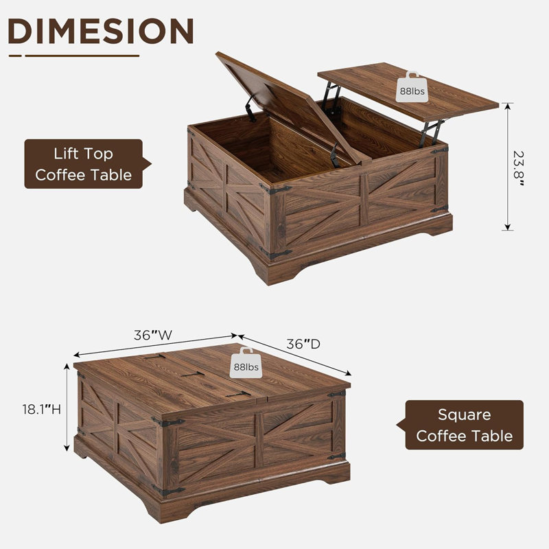 Table basse à plateau relevable Farmhouse, table carrée en bois avec rangement caché 36 po, Brun