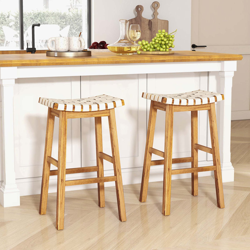 Woven Saddle Stools Set Of 2 Faux Pu Leather Counter Height Kitchen Stool, Bar Stool (31” Seat Height)