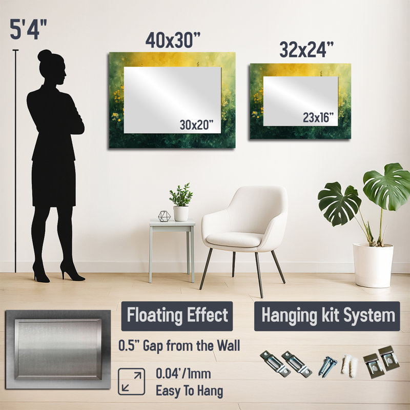 Fleurs dorées dorées Greenish Horizons II - miroir mural floral - imprimé sur métal, 24" x 32"