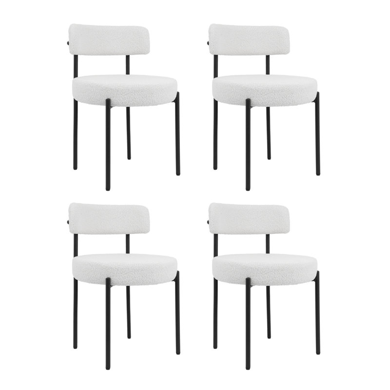 Boucle Upholstered Dining Chair Set With Wide Cushion and Curve Backrest, White, White